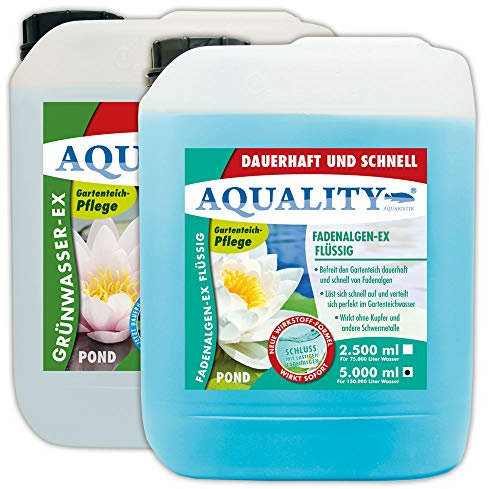 AQUALITY Algenvernichter Komplett-Sparset Gartenteich (Befreit und entfernt Fadenalgen, Schwebealgen, grünes Wasser schnell und dauerhaft), Set-Größe:SET 5000