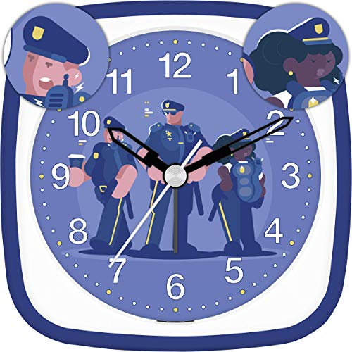 Eurotime Wecker Jungen Polizei Polizist Notruf, Kinderwecker, Dunkelblau Blau, Kunststoffgehäuse und Kunststoffglas, geräuscharmer Wecker, ohne Ticken, mit Licht und Weckwiederholung, 27126-08