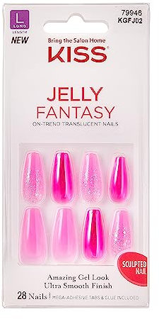 KISS Jelly Fantasy Collection, Jelly Baby, Long Length Translucent Sculpted Nails, Includes 28 False Nails, Nail Glue, Nail File, and Manicure Stick