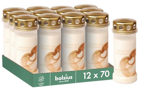 Bolsius Grablicht - Weiß - 12 Stück - Länge Brenndauer 70 Stunden - Trauerkerze & Gedenkstätte Kerzen - Dauerbrenner - mit Motiv - Herz - Unparfümierte - Ohne Palmöl - Nr6