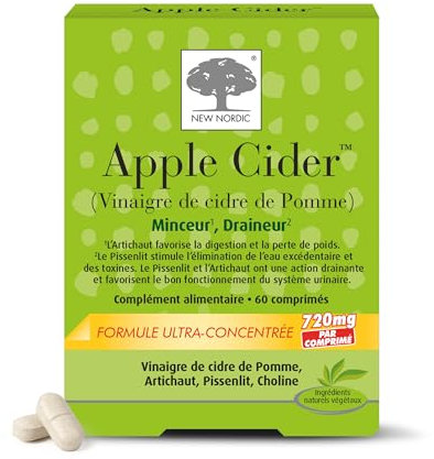 New Nordic - Apple Cider - Complément Alimentaire Minceur et Draineur - Vinaigre de Cidre de Pomme, Artichaut, Pissenlit et Choline - 60 Comprimés - 20 à 30 Jours