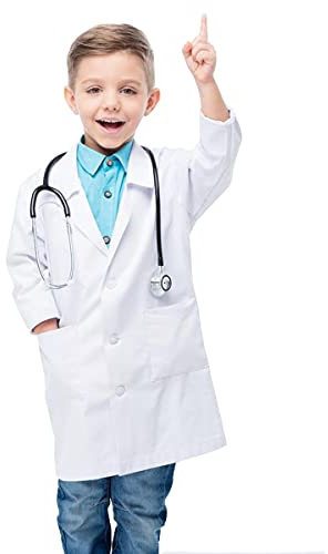 Waflyer Kinder Arztkitel Laborkitel Unisex Weiß Kostüm Baumwolle Schutzkleidung mit knöpfen und Tasche Junge Mädchen Langarm Laborkitel Medizin Uniform für Arbeit, Studium,Labor-M