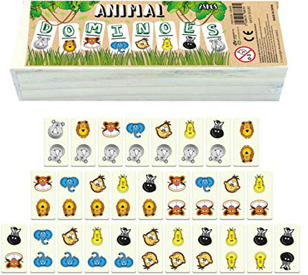 Henbrandt Tierische Domino Spiel für Kinder – 28 Teile in Holzkiste – Legespiele für Kinder ab 3 Kinderspiel Dominosteine mit Nutztiere und Zootiere