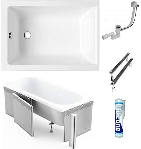 ECOLAM® Badewanne Capri Mini Polimat kleine Wanne Rechteck Acryl weiß 120x70 cm + Styroporverkleidung zum Verfliesen Ablaufgarnitur Ab- und Überlauf Automatik Füße Silikon