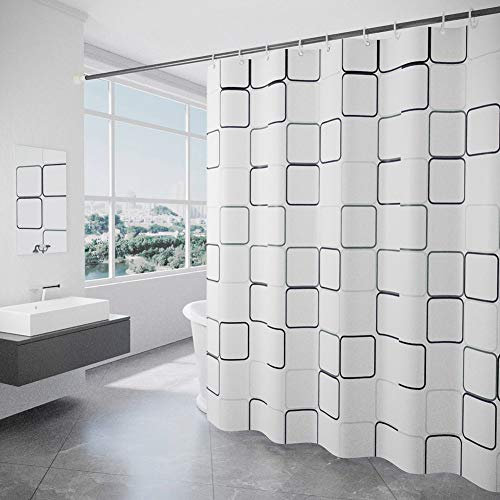 Xiongfeng Duschvorhang Weiß Groß Kariert Muster Duschvorhänge Textil Blickdicht Wasserabweisend aus Polyester Waschbar Vorhang mit Beschwerter Saum und 12 Duschvorhangringen für Badewanne 200x200 cm