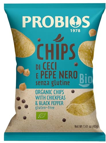 Probios Ceci Biologici al Pepe Nero - Patatine Senza Glutine - Snack Salutari - Senza Lievito e Senza Zuccheri Aggiunti - Ricco di Fibre e Senza Olio di Palma - 12 Confezioni (40g Ciascuna)