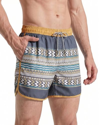 maamgic Mens 5 Short 70s 80s 90s Vintage Swim Trunks Quick Dry Bathing Suits Swimming Shorts Swimsuits Board Shorts,Yellow Blue,XXL
