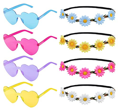 8 Stücke Hippie Kostüm Set,Hippie Sonnenbrille Sonnenblumen Krone Stirnband,Blumenkranz Haar Garland,Kopfschmuck Böhmische Kopfbedeckung,60er 70er Jahre Party Ankleiden Accessoire für Frauen Mädchen