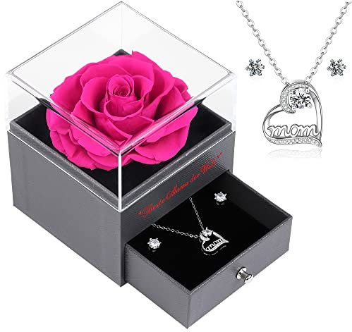 Eaprala Konservierte Ewige Rose mit Halskette Ohrringe Geschenke für Mama, Handgemachte Echte Rose Blume Geschenk-Box für Muttertag Weihnachten Valentinstag, Geburtstag Geschenk für Mama.Heißes Rosa