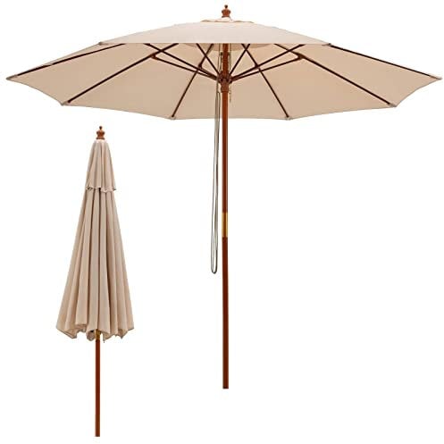 TANGZON 283/295CM Wooden Garden Parasol, Pulley Operated 8 Ribs Patio Umbrella, Outdoor Portable Table Parasol Sun Shade Umbrella for Balcony Deck Yard Market Beach Pool(283 x 283 x 254 cm, Beige)