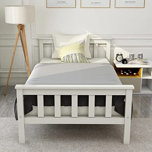 Kinderbett 90X200, Massivholzbett mit Lattenrost Bett Weiß Einzelbett aus Bettgestell mit Lattenrost Holzbett mit Kopfteil Schlafzimmer Bett