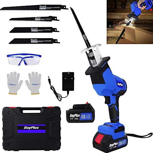 21V Cordless Powered Reciprocating Saw Brushless Wood Reciprocating Saw Sabre Saw with 1500mAh Battery,4 Saw Blades,1 Kit Box,0-1900RPM Variable Speed for Metal Wood PVC Pipe Cutting Electric Saw