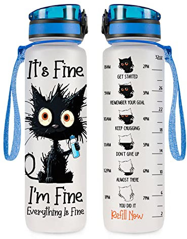 Crazy Cat Water Bottle 32 oz Tritan Plastic, Its Fine Everything Is Fine Water Bottle, Funny Birthday Mothers Day Halloween Christmas Gifts for Pet Lovers Cat Mom Lady Women