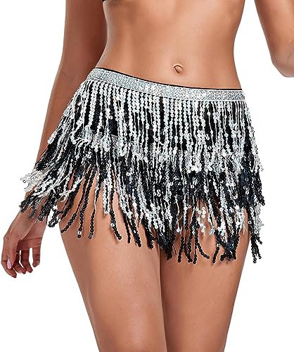 Durio Bauchtanz Rock Quaste Fransen Rave Rock Party Pailletten Quaste Rock Bauch Hüfte Schal Festival Outfits für Frauen, silber, schwarz, Einheitsgröße