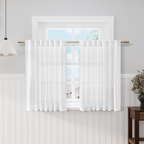 Nanspring Lot de 2 panneaux de rideaux de cuisine blancs de 91,4 cm de long avec poches arrière semi-transparents filtrant la lumière, rideaux courts en lin pour café, salle de bain, sous-sol, petite
