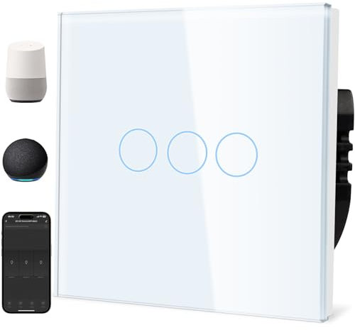 TAWOIA Interruptor de luz Smart Alexa (requiere cable neutro), interruptor de luz wifi con cristal, control por voz para Alexa, compatible con Smart Life y aplicación Tuya de 3 vías, 1 vía, color