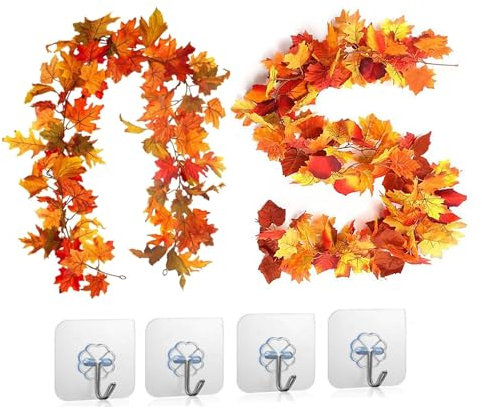 peiyee 2 Pack KüNstliche Ahornblatt Girlande,AhornbläTter Herbstgirlande FüR Hausgarten Mit Haken,Seide Ahornblatt Girlande, Wand, TüR, Kamin, Halloween, Party, Erntedankfest Herbstdekorationen