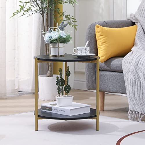 Pantanal Marble Effect Round Side Table with Storage Shelf, 2 Tiers, Black