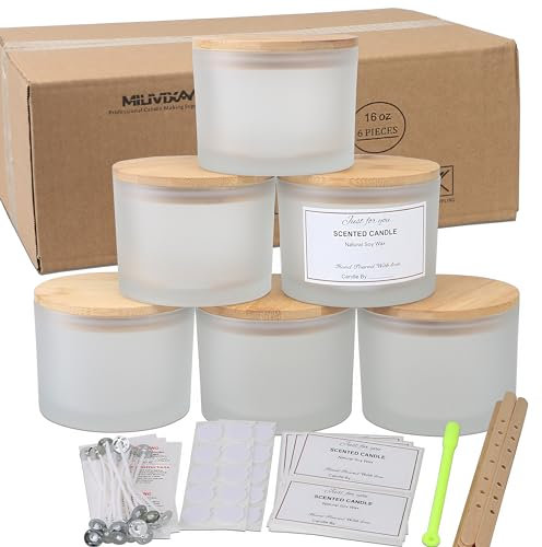 MILIVIXAY Lot de 6 pots à bougies de 473,6 g avec couvercles en bambou et kits de fabrication de bougies – Pot à bougie à 3 mèches, bocaux vides en verre blanc givré épais pour la fabrication de