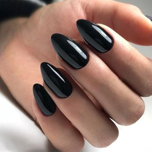 MouyouGlow Press on Nails Kurz,Almond Halloween Schwarz Einfarbige Glossy Fake Nails mit Nagelkleber,Mandel Black Solid Künstliche Fingernägel