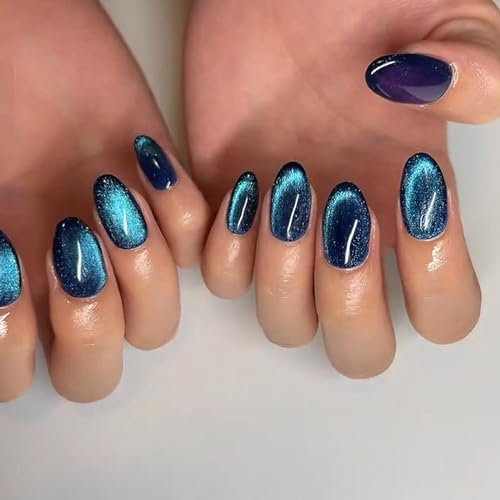 24PCS Short Press on Oval Cat Eye Fake Nails - Dark Blue Aurora Designs Artificial Acrylic Full Cover Glue on Nails - Glossy Natural Stick on for Women Girls Daily Wear