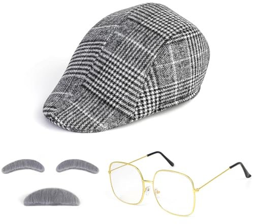 BTHRORO Opa Kostüm Set für Herren, Old Man Perücke Schnauzbart Augenbrauen Runde Brille Alter Mann Kostüm Set für Party Cosplay Fasching Karneval Halloween