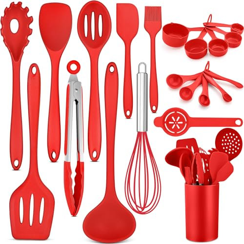 HaWare Küchenhelfer, 21 Stück Silikon Küchenutensilien Kochbesteck Set, Hitzebeständig Kochutensilien Kochgeschirr mit Utensilienhalter, Antihaft Küchenset für Kochen Backen, Spülmashinenfest - Rot