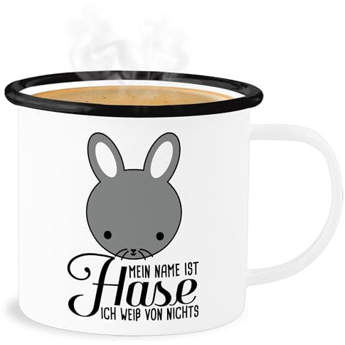 Emaille Becher Blechbecher - Ostergeschenke - Mein Name ist Hase ich weiß von nichts - 300 ml - Weiß Schwarz - ostern hasen oster ostermotiv osterhase osterüberraschungen osterkleinigkeiten