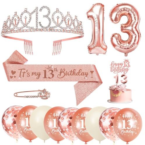 13. Geburtstag Schärpe und Krone/Tiara für Mädchen - Happy Birthday Luftballons, Konfetti, Geburtstagskerzen und Tortendeko