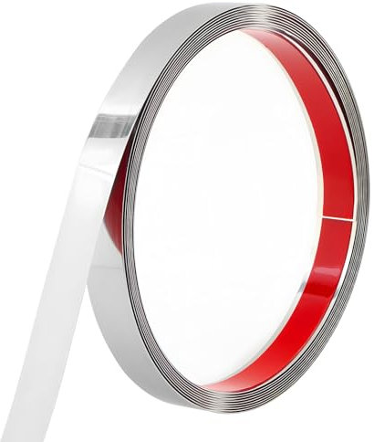 10M Stainless Steel Wall Moulding Trim, Stainless Steel Silver Metalized Mirror Wall Trim Self-Adhesive Kit with Mirror-Like Finish | Beading for Wall Panelling, Worktop Edging Strip (Silver, 10Mx1cm)