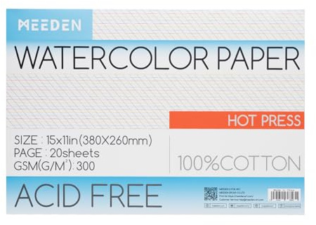 MEEDEN Aquarellpapier Block - 100% Baumwolle Aquarellpapier Block mit 20 Blatt, 140lb/300gsm, säurefreies Kunstdruckpapier für Aquarell, Gouache, Tinte und mehr, 38 x 26cm Hot Press