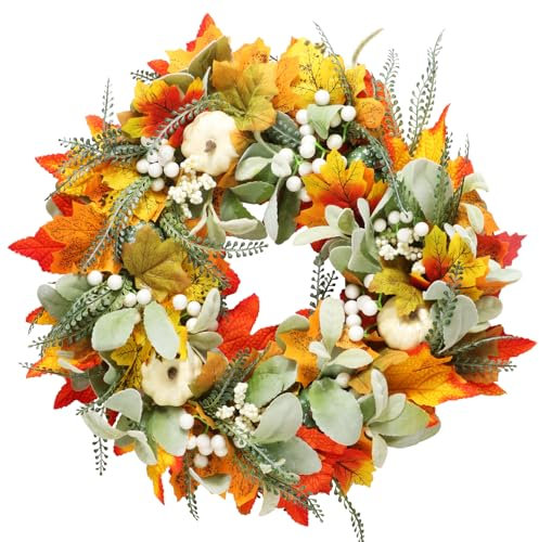 BOFUNX Corona de Otoño 50cm Guirnalda con Calabaza Hoja de Arce Fruta Artificial Adorno Decoración Otoño Halloween Navidad Acción de Gracias de Hogar Puerta Pared Ventana Interior Exterior