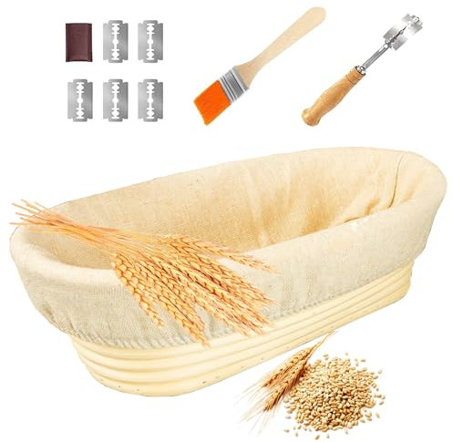 DeJivsin Gärkorb Oval 25cm, Banneton Set, Gärkörbchen Set 1kg Teig, Brot Backen Fasst für Brot, Bürste, Bread Brotmesser, Leinentuch Brotbeutel Proofing Basket