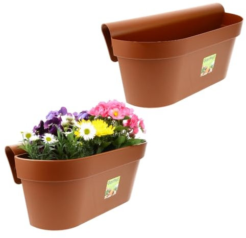 2X Geländerkasten Balkon mit Wasserspeicher Blumentopf Zaun Blumenkasten Geländer Balkontopf Balkonkasten Terracotta