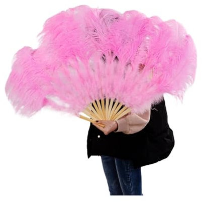 JDQTPOET 13Bones Rose Pink Ostrich Feather Fan 100/130CM Large Ostrich Feather Fan for Dance Show Party Feather Folding Hand Fan(Pink,1 pcs 100cm)