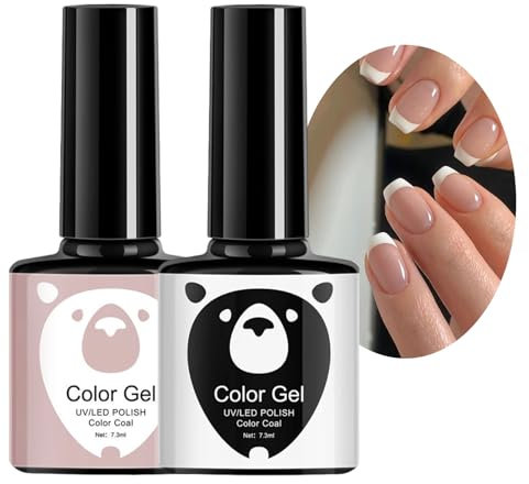 2 PCS UV Gel Nail Polish Set, White & Nude Pink French Tip Natural Manicure Nail Polishes, Long Lasting Chip Resistant Elegant Classic Nail Polish, DIY Nail Art Salon, Gift for Women