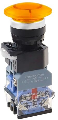Mushroom head lamp self reset button switch la38-11md opening 22mm silver Self locking(Yellow,LATCHING (ON OFF)_220V)