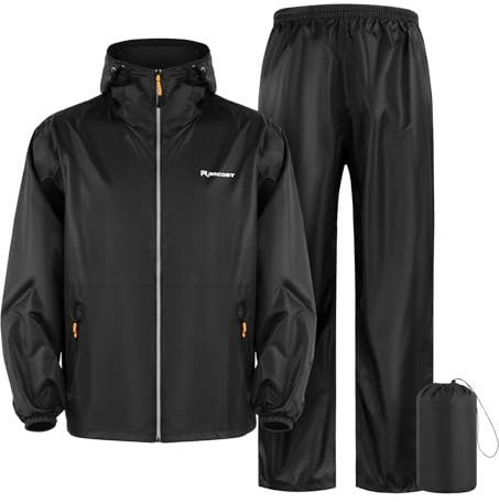 SOPPY Waterproof Rainsuit Jacket Pants Suits, Hooded Rain Jacket Waterproof Rain Coat with Trousers, Packable Raincoat Sets with Carrying Bag for Fishing Hiking Camping (Black, M)