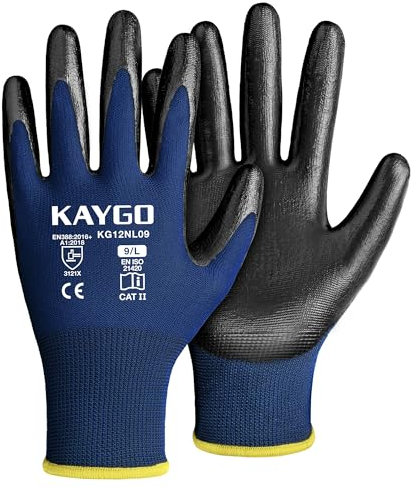 KAYGO Arbeitshandschuhe Nitril beschichtet, 12 Paar Flexibel Schutzhandschuhe mit gutem Grip für Herren Damen, ideal für Allgemeine Arbeit Bau Lager Auto Garten DIY Montage, KG12N (Blau, L, Gr 9)