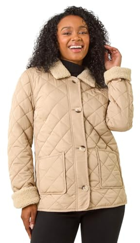 Roman Petite Borg Contrast Padded Coat for Women UK - Ladies Everyday Autumn Winter Round Neckline Comfy Soft Evening Vacation Work Party Night Out - Petite Camel - Size 18