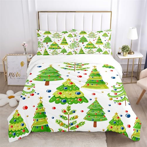 VOGIAY Weihnachts Bettwäsche 135x200cm Grün Blau Weiß Weihnachtsbaum Kinder Weihnachten Bettwäsche Set Microfaser Bettbezug und 1 Kissenbezug 80x80cm mit Reißverschluss