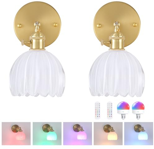 Shenmoyl Vintage Wandleuchte Innen Akku 2 Stück Gold LED Wandlampe Ohne Stromanschluss Touch Control 3 Helligkeitsstufen mit Fernbedienung für Badezimmer Schlafzimmer Flur Wohnzimmer