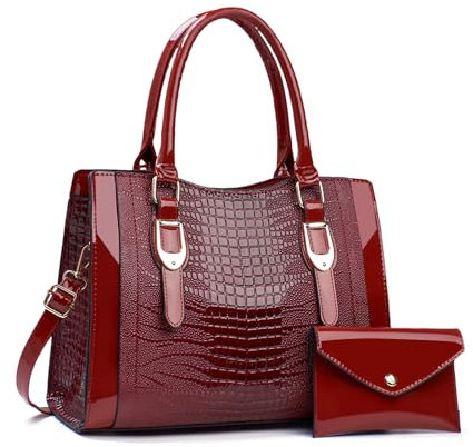 NICOLE & DORIS Elegante Handtasche Damen Schöne Tasche mit Geldbörse Umhängetasche Lackleder Schultertasche Tote Bag für Büro Reise Einkauf Rot