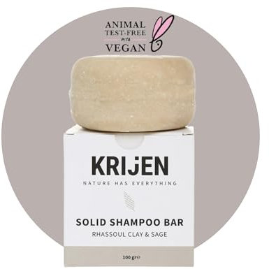 Krijen Vegan-Festes Shampoo mit Salbeiöl, Schwarzkümmelöl & Vulkan-Rhassoul-Tonerde Für trockenes & ausfallendes Haar – Glanz- & feuchtigkeitsspendend, handgefertigt, wirkt bei hartem Wasser – 100 g