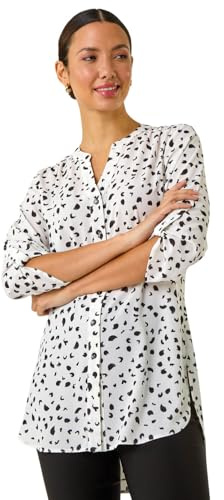 Roman Originals Shirt Top for Women UK Ladies Collarless Blouse Smart Tunic Button Through Longline Asymmetric Hem 3/4 Length Roll Up Sleeves V Neck Going Out - Spot Ivory - Size 20