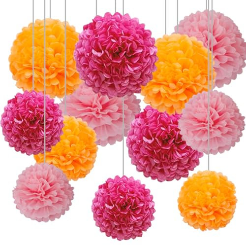 CC wonderland zone Lot de 12 Pompons Papier de Soie Rose et Orange pour Décoration Suspendre de Plafond de Fête(Rose Rouge,Rose et Orange)