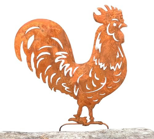 Alfie Francis 34.5cm Tall Rusty Metal Cockerel/Chicken Garden Stake Silhouette Ornament Statue Sculpture Outdoor Decor