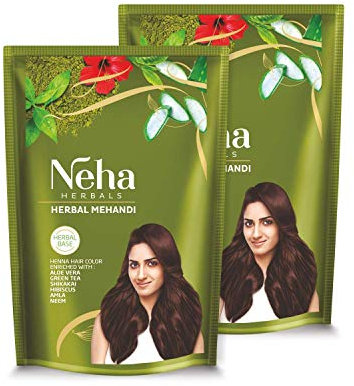 Neha Herbal Mehandi – 140g (2er Pack) - Natürliche Henna Haarfarbe mit Shikakai, Amla, Neem & Aloe Vera | Ayurvedische Kräuterformel für gesundes Haar & Glanz mit Kajal