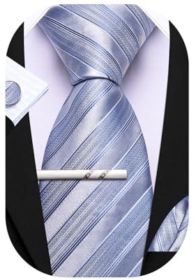 Barry.Wang Herren Seiden-Geschäftskrawatten mit Taschentuch Manschettenknopf-Streifen Plaid-Krawatten-Set Feierliche Hochzeit