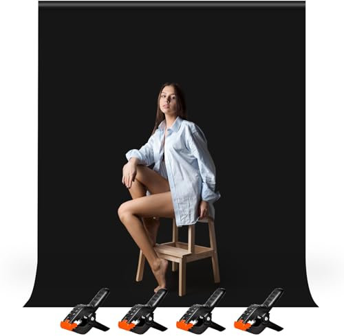Heysily Toile de Fond Photo Noir 1,5x2m - Fond Photobooth Backdrop Lavable pour Studio Photo, Streaming, Youtube et Production Vidéo, Portable & Pliable Toile de Fond Studio Photo avec 4 Pinces
